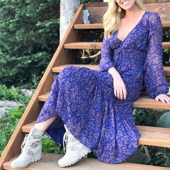 Figue Alessia Dress Floral Boho Smocked Ruffle Long Sleeve Midi Blue Purple XXL - Picture 1 of 9